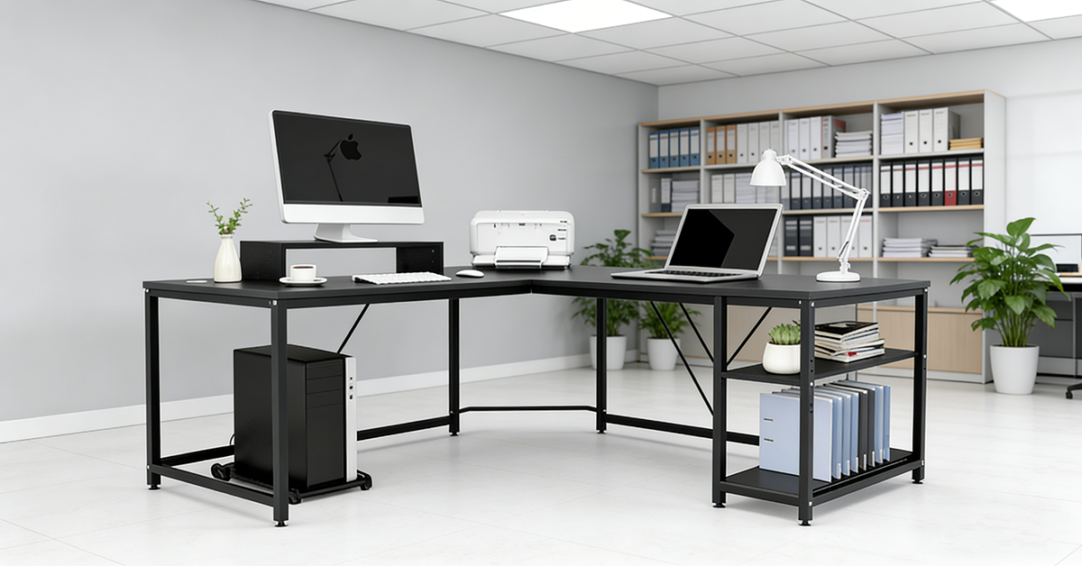 L字デスク 160cm｜コーナー収納付きモニタースタンド – DEWEL