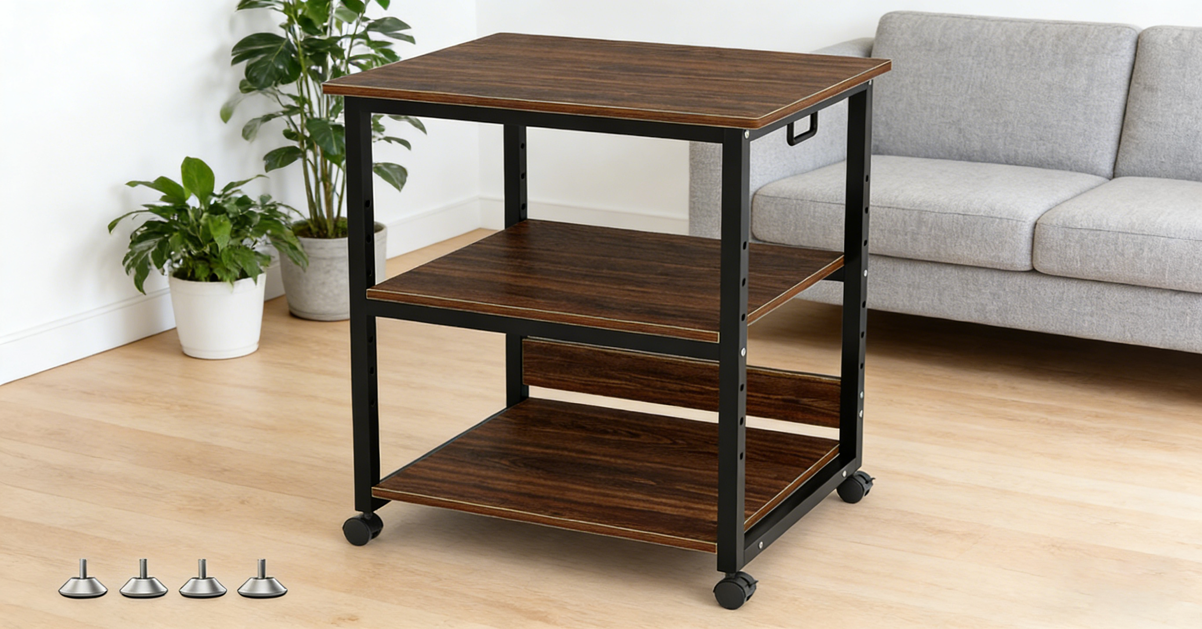 【プリンタースタンド 3段 キャスター付き 60cm】ウォールナット調で在宅ワークを快適に