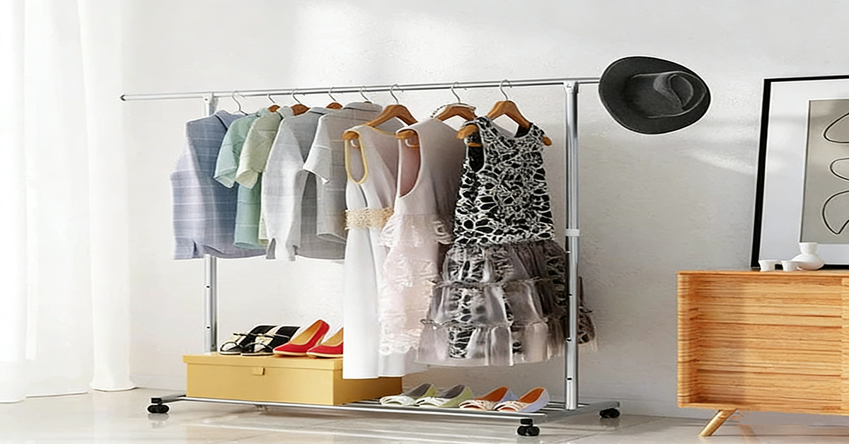 【調整可能なガーメントラック（120〜200cm）｜収納力UPで部屋がスッキリ】