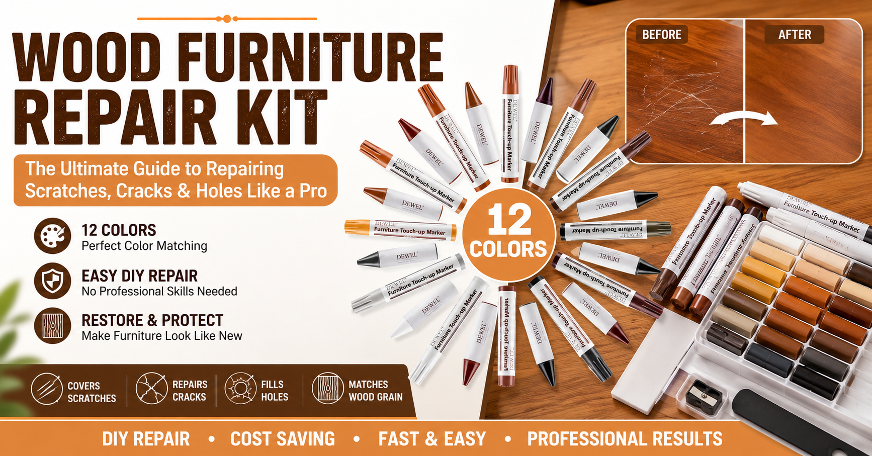 12 Colors Wood Furniture Repair Kit for repairing scratches, cracks, holes and damaged wooden furniture
