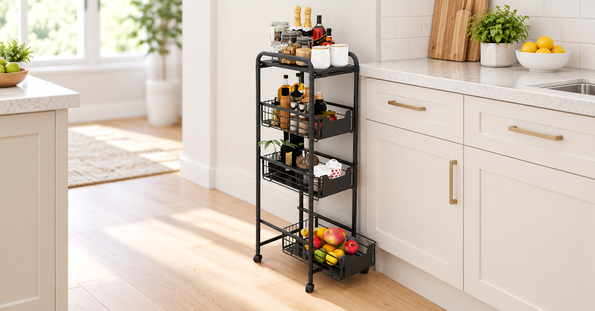 DEWEL black slim kitchen cart with three open wire baskets beneath the top shelf