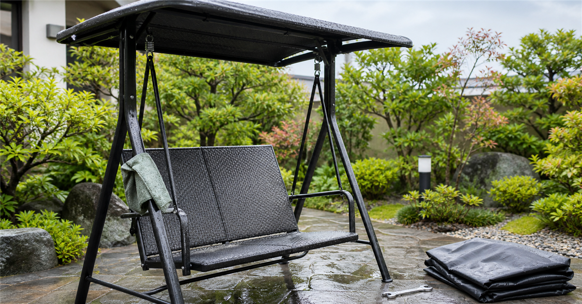 雨上がりに点検と清掃を行う屋外二人乗りブランコ