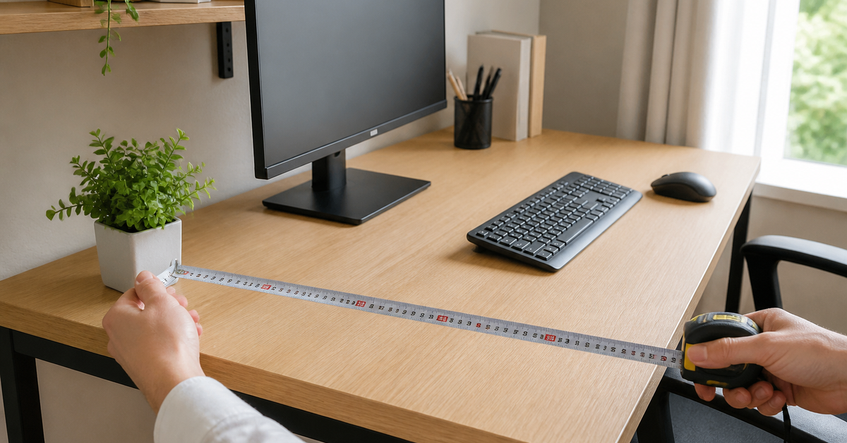 奥行き60cmのデスク上でモニターとキーボードの配置寸法を測っている様子