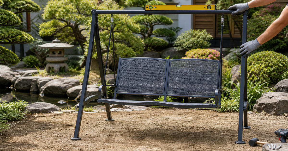 水平器を使って設置状態を確認している屋外二人乗りブランコ