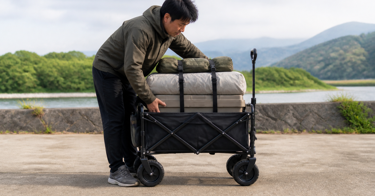 折りたたみキャリーワゴンへ重い荷物を低く積んで固定している様子