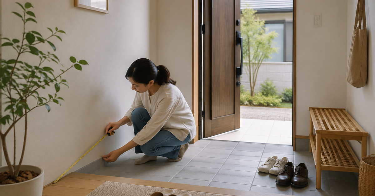 玄関で竹製ベンチラックの設置寸法と扉の動線を測る様子