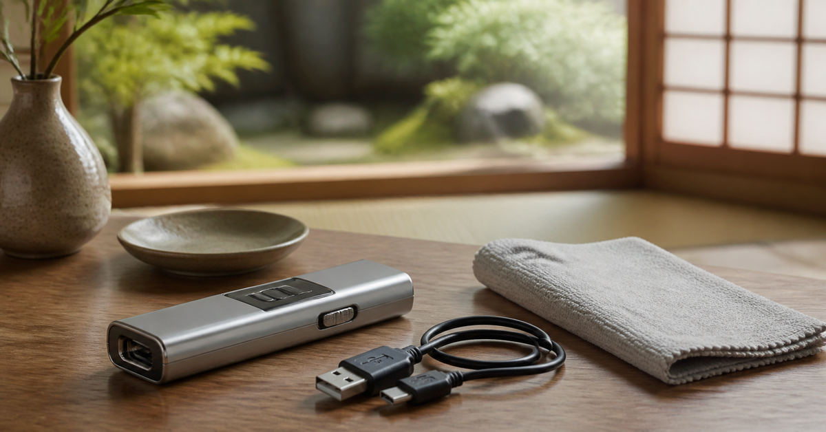 USB充電式電子ライターの充電端子と安全ロックを確認する様子