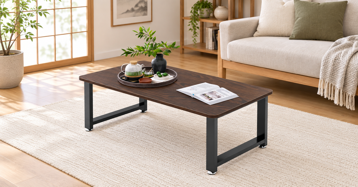 木目天板と黒いスチール脚を備えたDEWELローテーブル