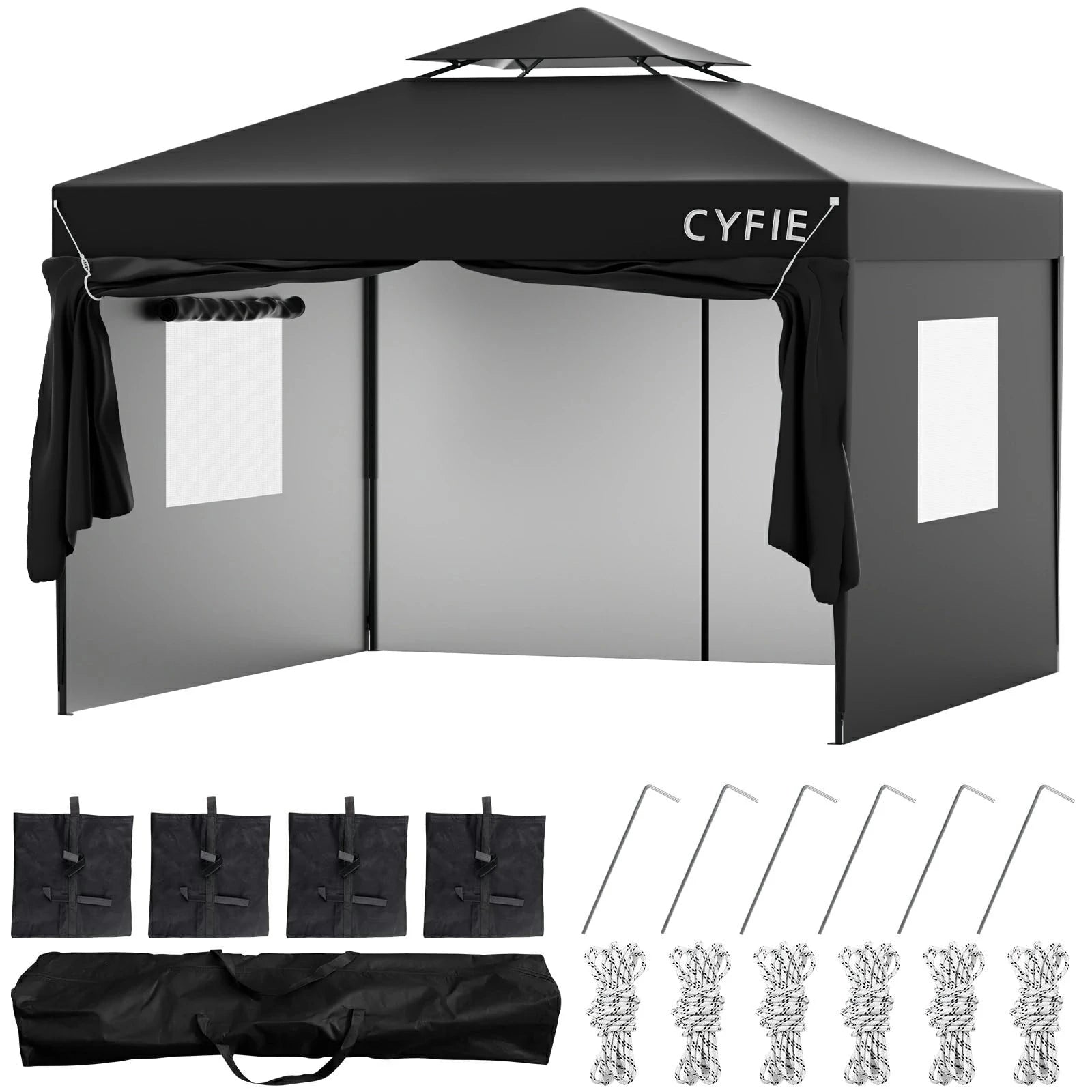 CYFIE サイドカーテン付きテント UVカット 防水 防風 3m×3m / 3m×6m アウトドア・イベント用 テント DEWEL 4面シート（3×3m） ブラック 