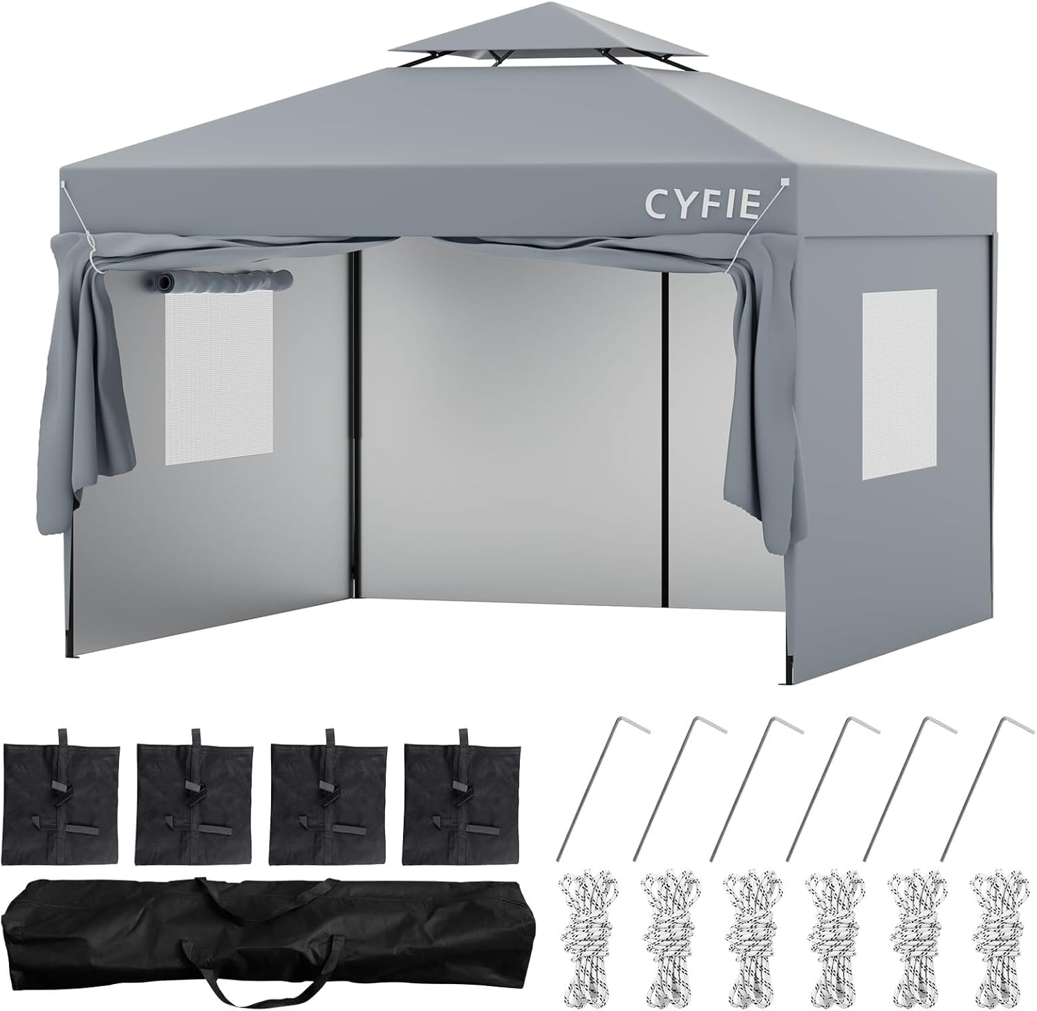 CYFIE サイドカーテン付きテント UVカット 防水 防風 3m×3m / 3m×6m アウトドア・イベント用 テント DEWEL 4面シート（3×3m） グレー 