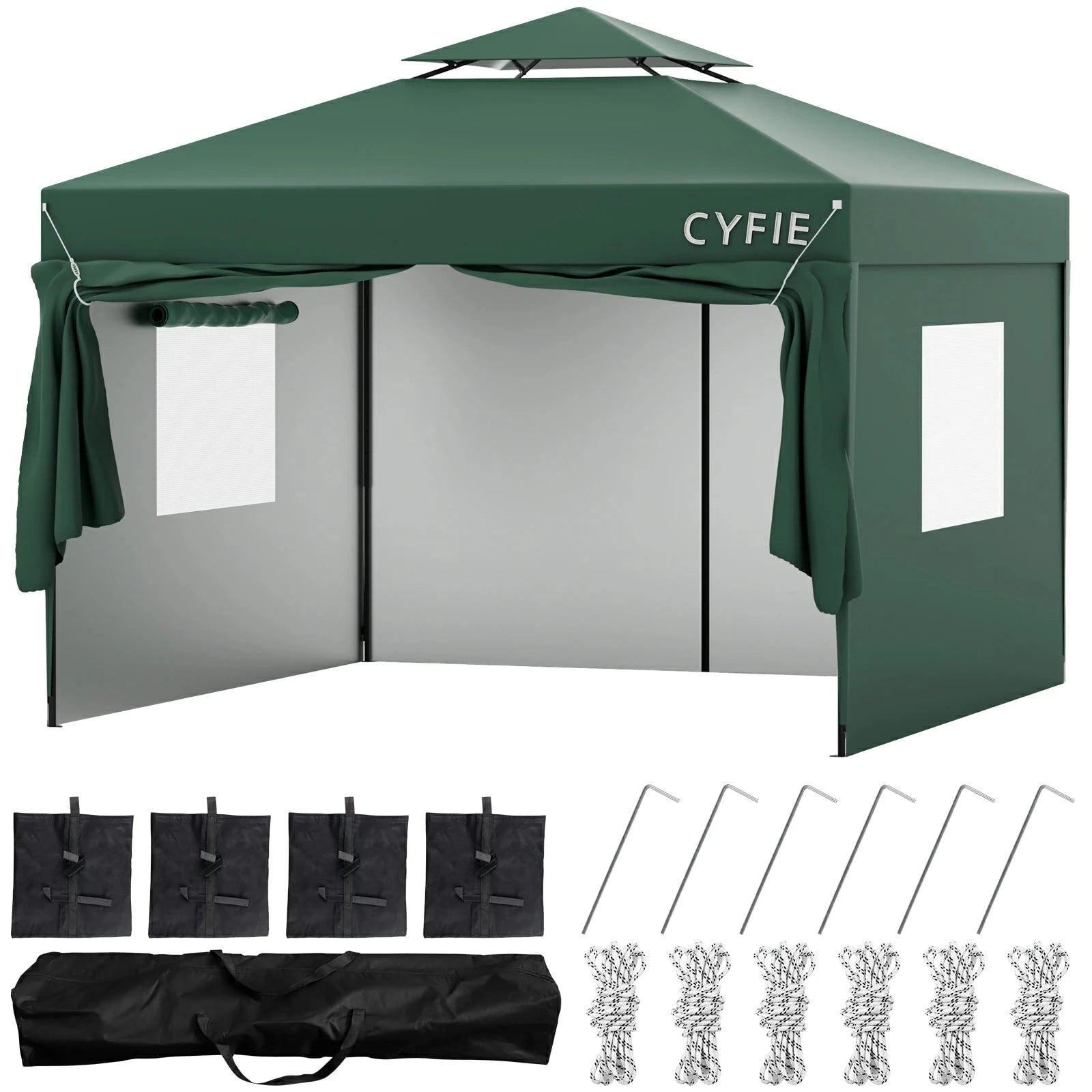 CYFIE サイドカーテン付きテント UVカット 防水 防風 3m×3m / 3m×6m アウトドア・イベント用 テント DEWEL 4面シート（3×3m） グリーン 