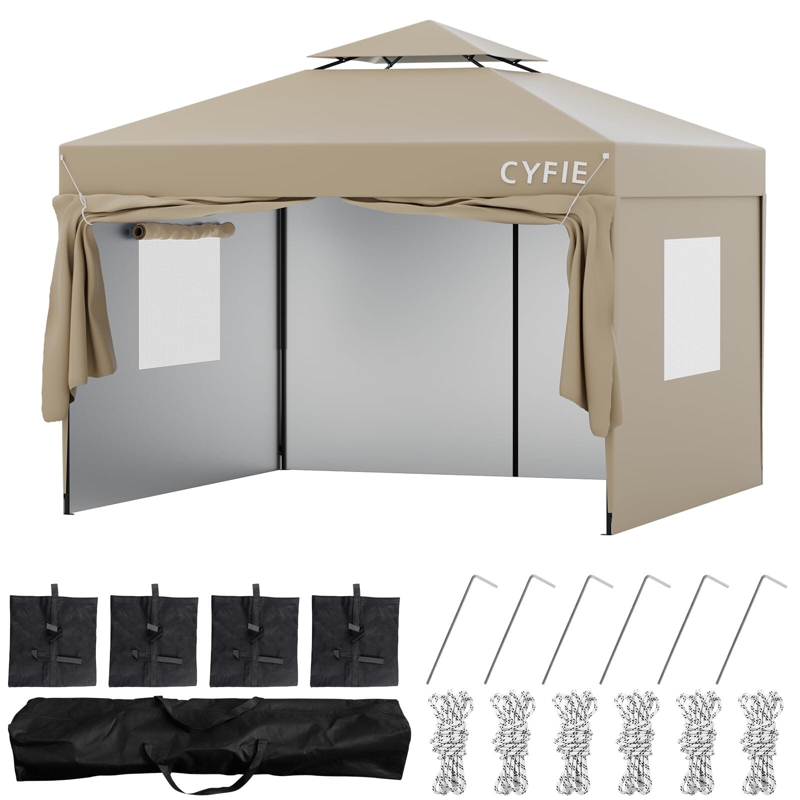 CYFIE サイドカーテン付きテント UVカット 防水 防風 3m×3m / 3m×6m アウトドア・イベント用 テント DEWEL 4面シート（3×3m） カーキ 