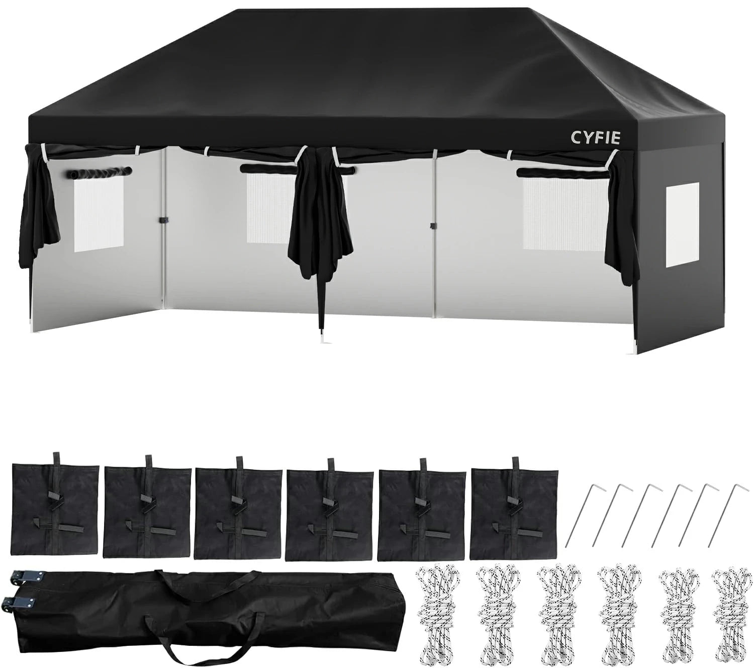 CYFIE サイドカーテン付きテント UVカット 防水 防風 3m×3m / 3m×6m アウトドア・イベント用 テント DEWEL 6面シート（3×6m） ブラック 