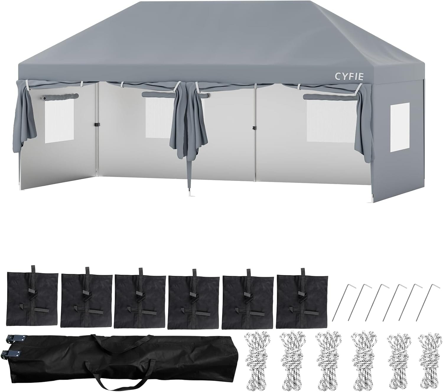 CYFIE サイドカーテン付きテント UVカット 防水 防風 3m×3m / 3m×6m アウトドア・イベント用 テント DEWEL 6面シート（3×6m） グレー 