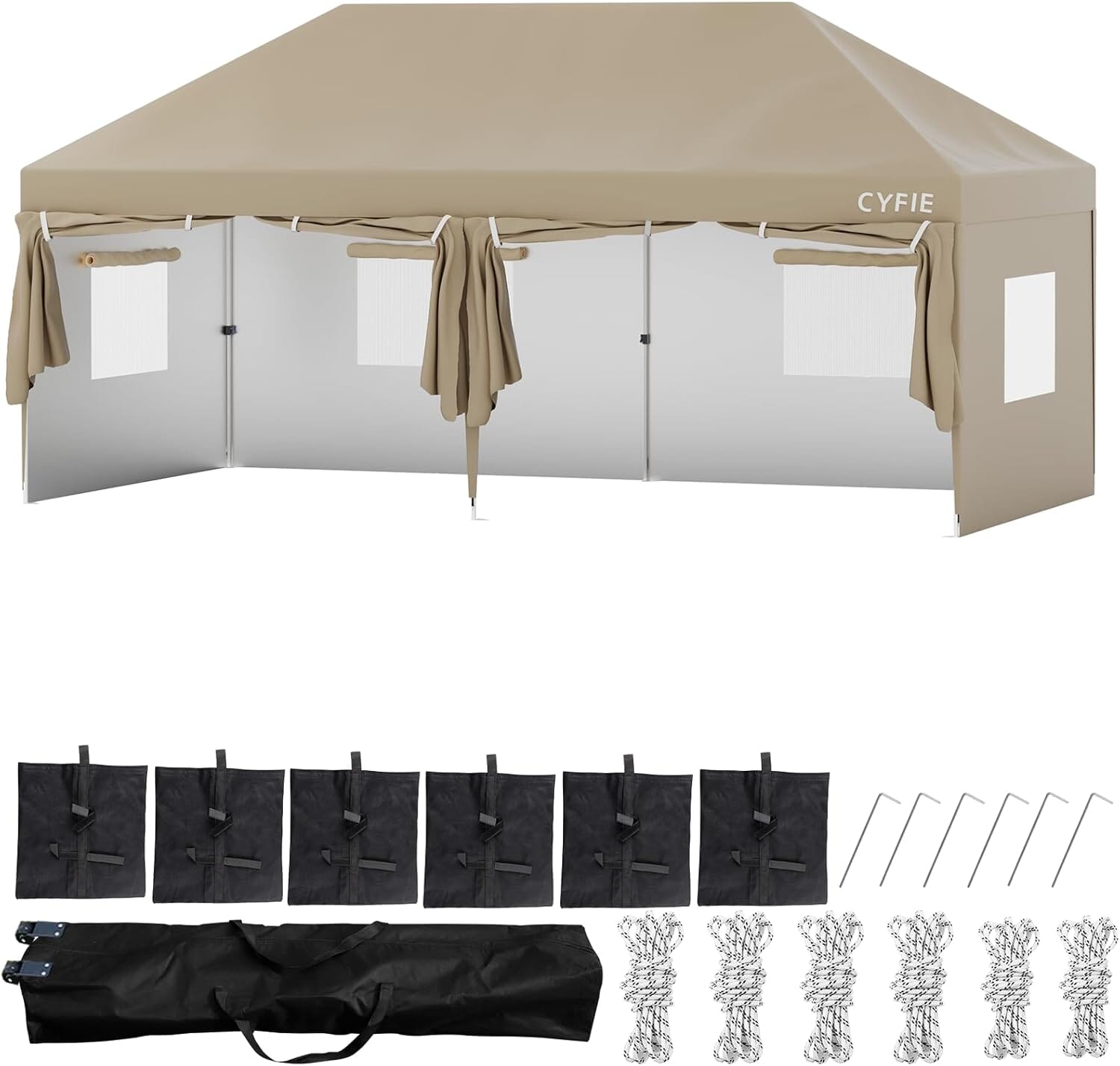 CYFIE サイドカーテン付きテント UVカット 防水 防風 3m×3m / 3m×6m アウトドア・イベント用 テント DEWEL 6面シート（3×6m） カーキ 