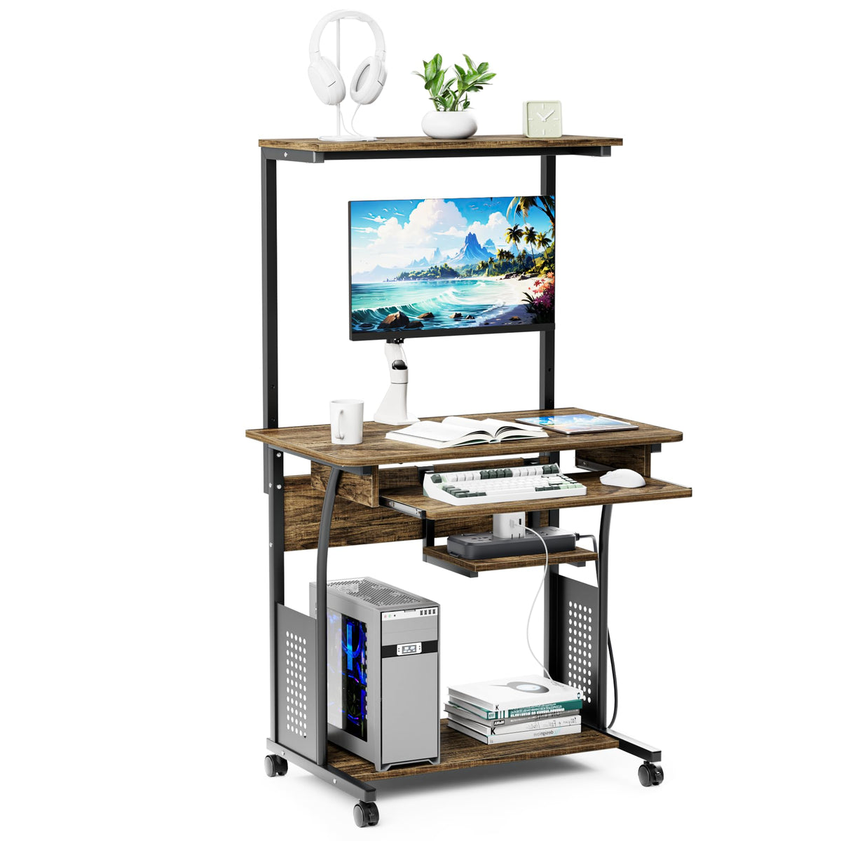 DEWEL パソコンデスク 収納ラック付き 木製PCデスク キャスター 
