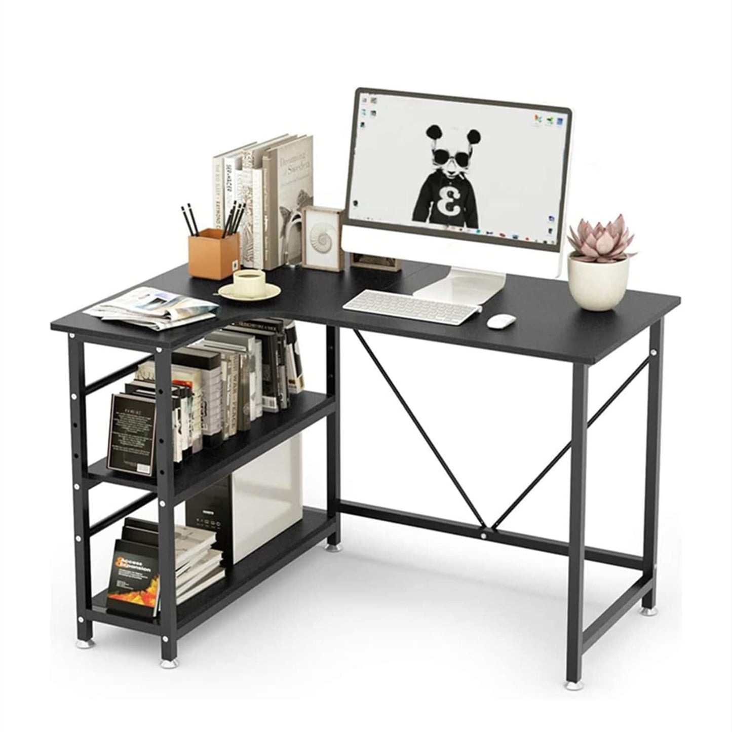 DEWEL パソコンデスク 110×80cm コーナーテーブル リムーバブルラック付き ブラック