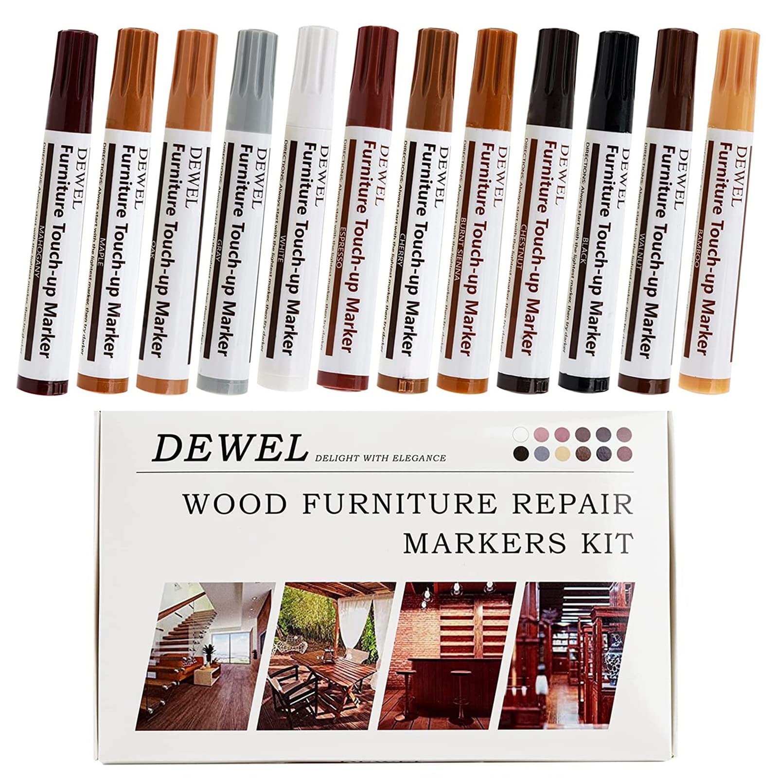 DEWEL 木製品キズ補修セット 12色 補修ペン フローリング・家具・ドア用