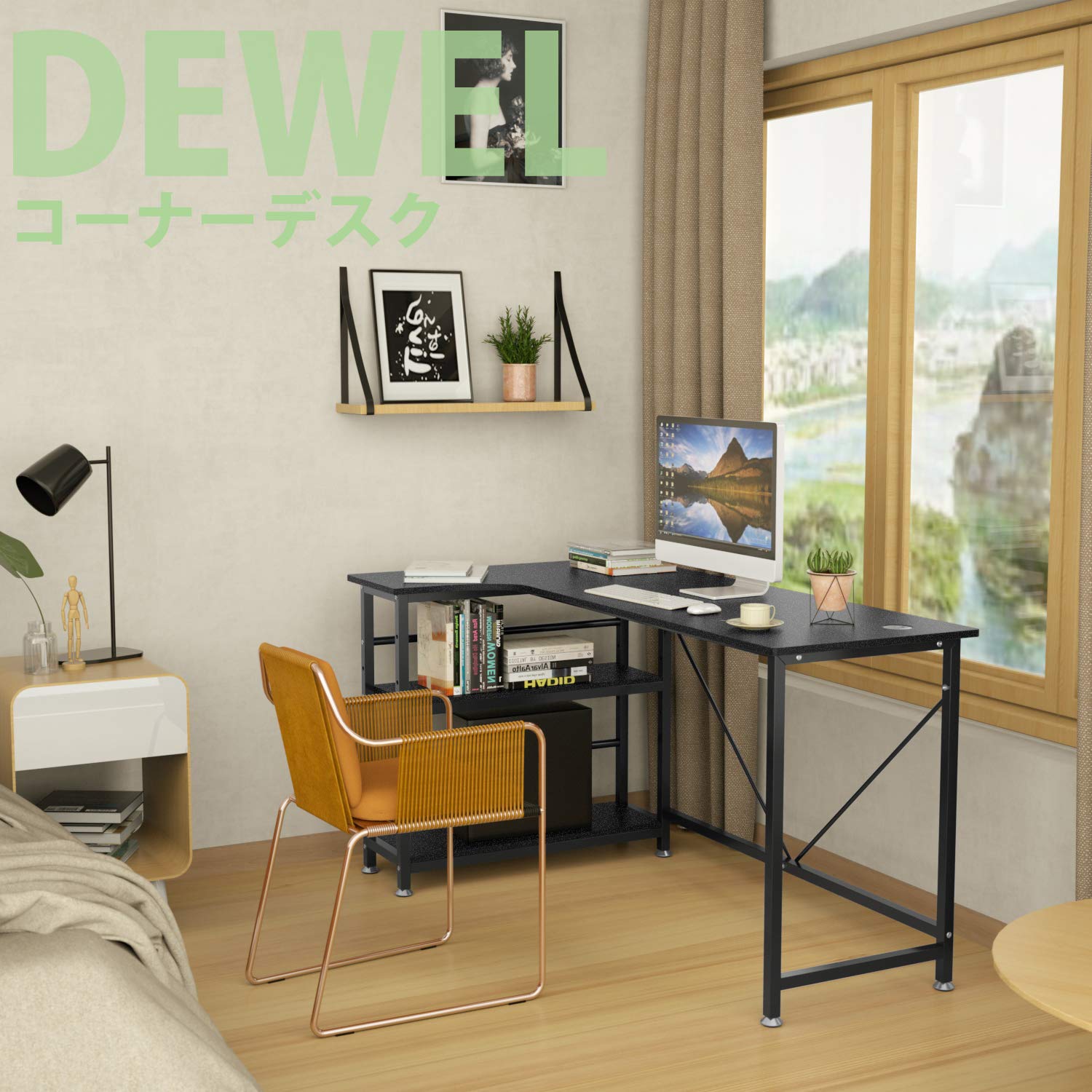 DEWEL L字型コーナーデスク 140cm モニターアーム対応 2段収納ラック付き 木製 メラミン加工 テレワーク対応