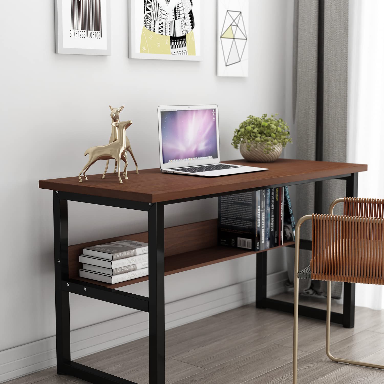 DEWEL ゲーミングデスク 140×60cm 収納ラック付き 木製 メラミン加工 テレワーク対応