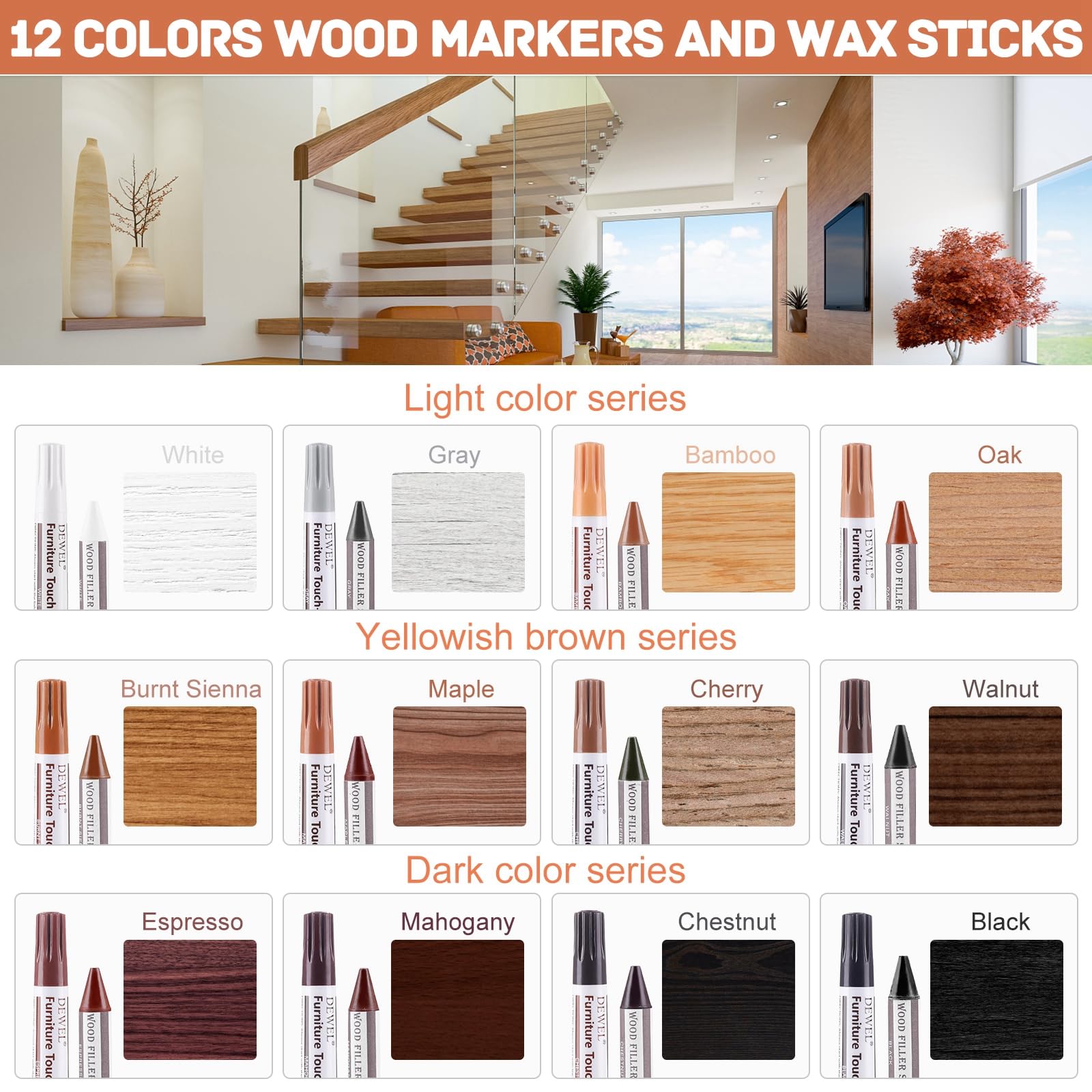 DEWEL 木製補修キット 12色補修ペン＋12色補修棒 24本セット 芯削り器付き 家具・床・ドアの傷補修用