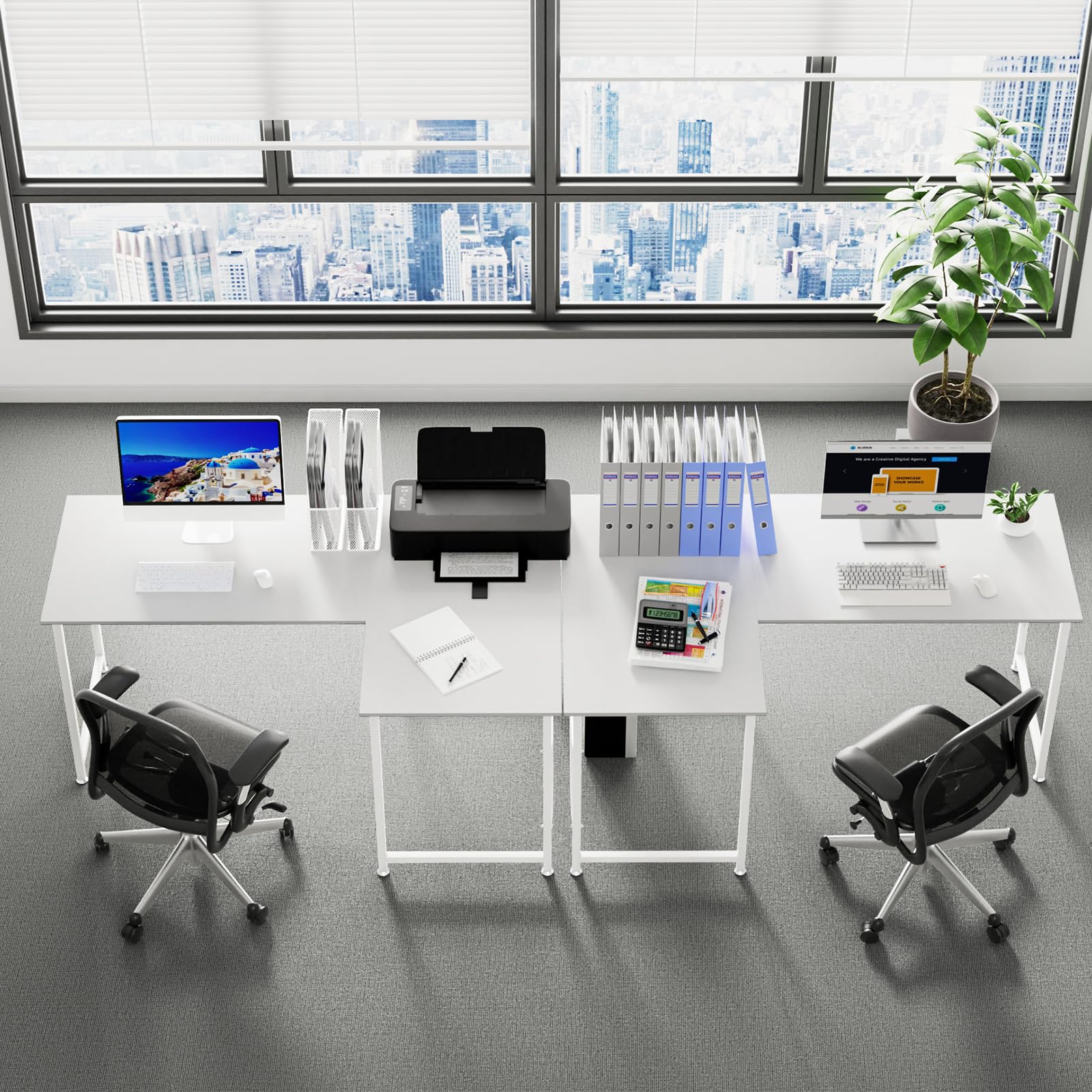 DEWEL L字型パソコンデスク 160+100cm ホワイト モニターアーム対応 スチールフレーム メラミン加工 リモートワーク対応