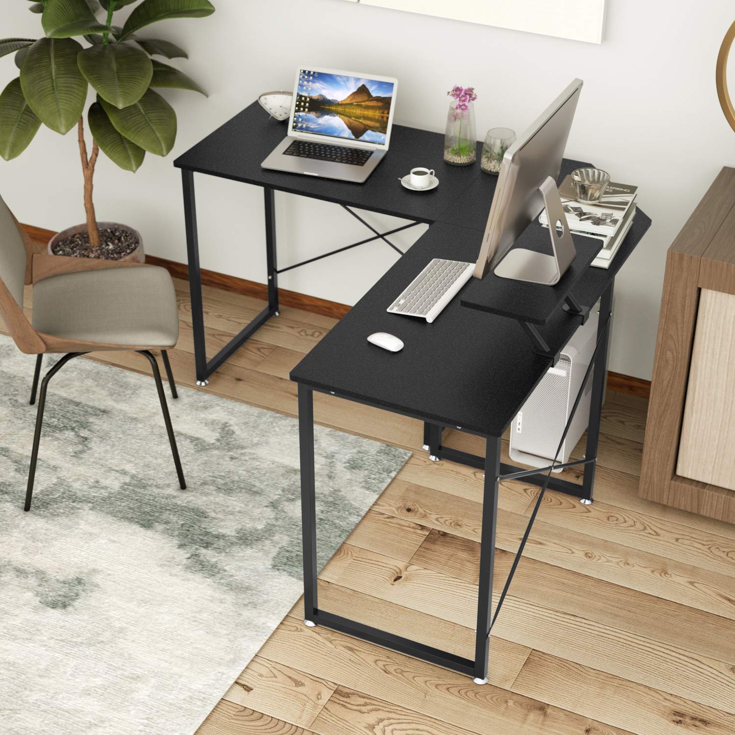 DEWEL L字型パソコンデスクコーナーデスク 130cm 2wayタイプ モニタースタンド付き 木目柄 足元フリー設計 テレワーク対応 ブラック