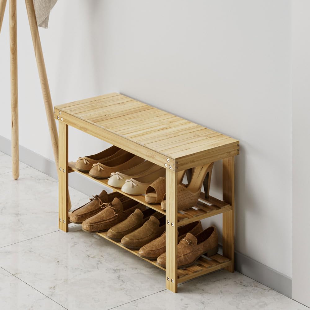 DEWEL 玄関ベンチ 収納付き シューズラック 竹製 2段 幅70cm 組立簡単