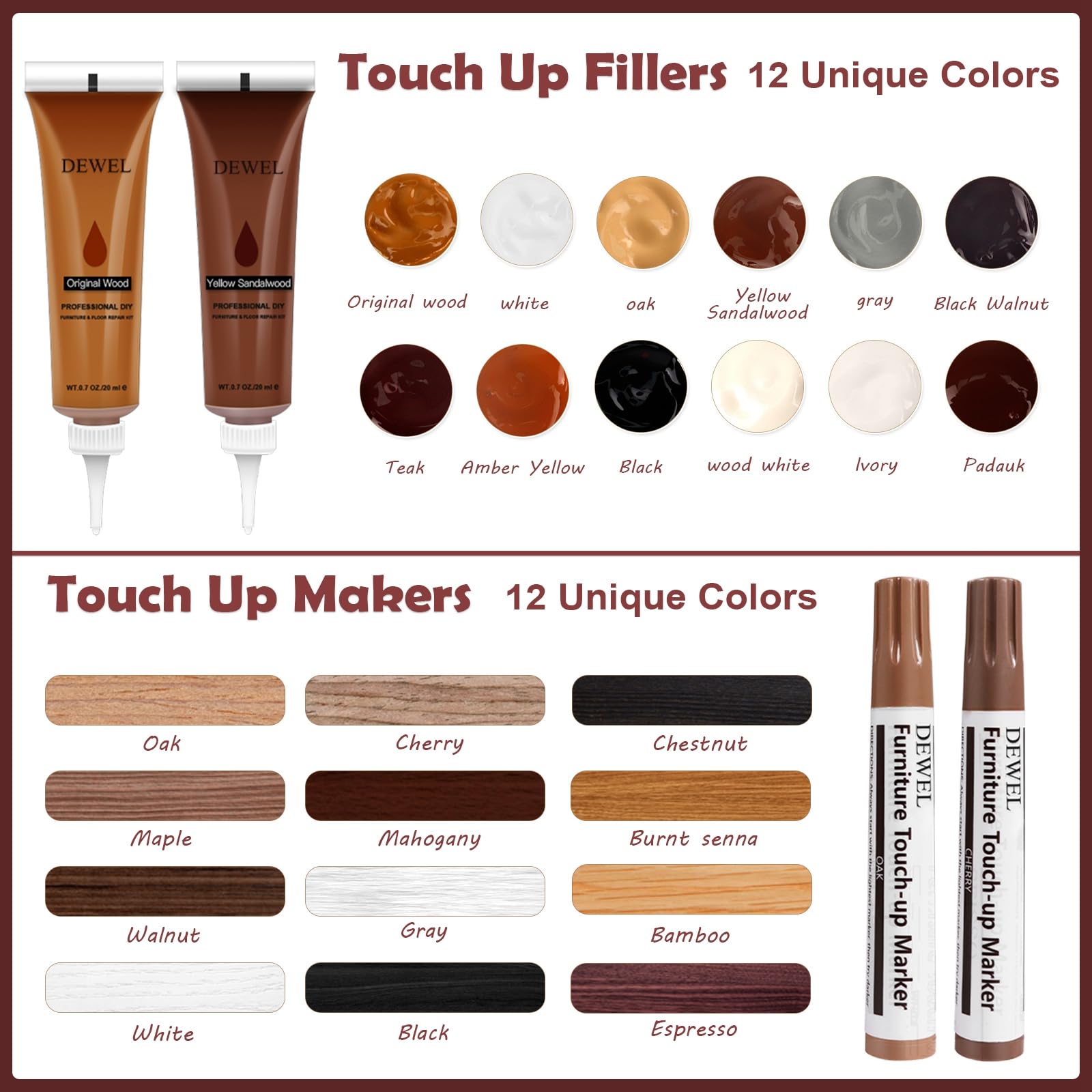 DEWEL 木製品キズ補修セット 24本入り 12色補修ペン 12色補修クリーム付き