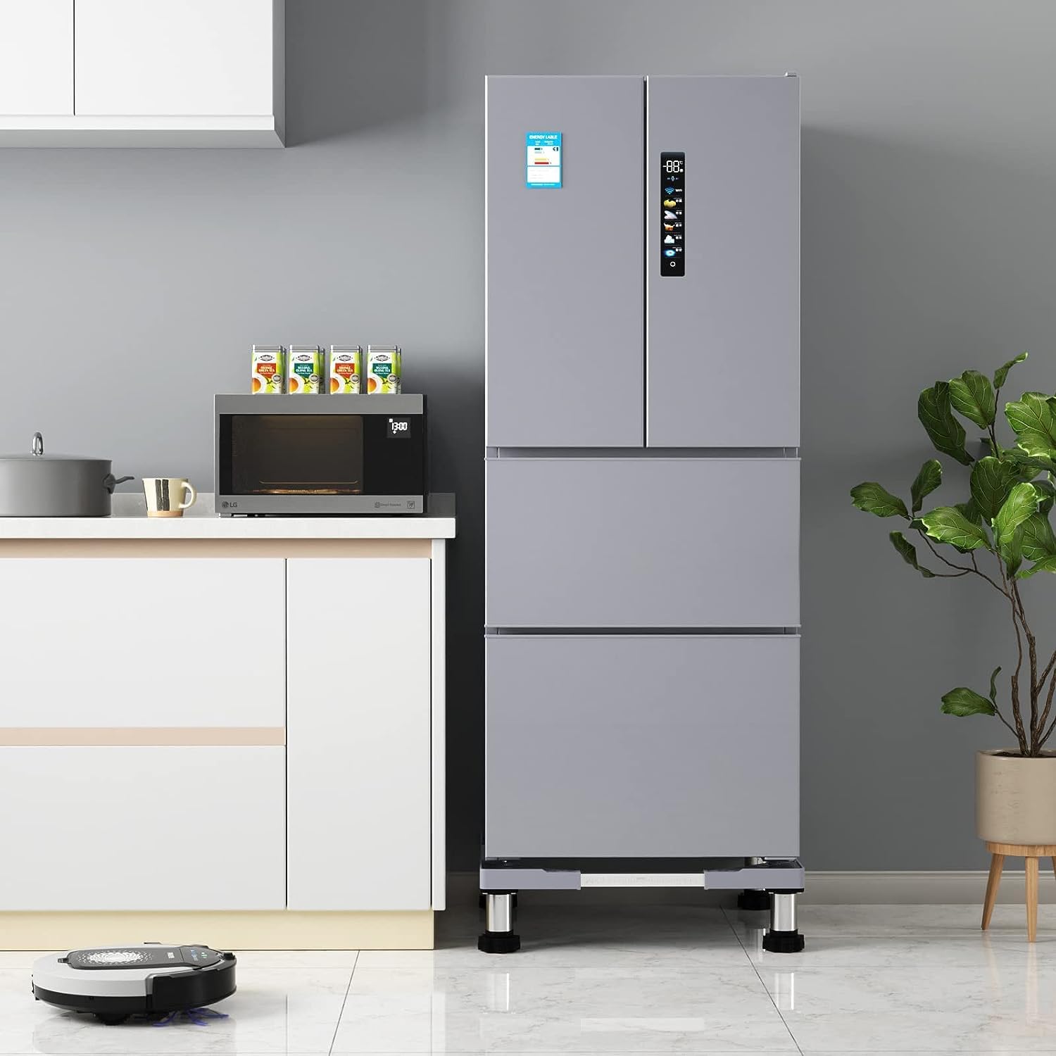 DEWEL 洗濯機・冷蔵庫かさ上げ台 高さ調整18〜21cm 防振・昇降式 グレー 幅奥行44.5〜68cm