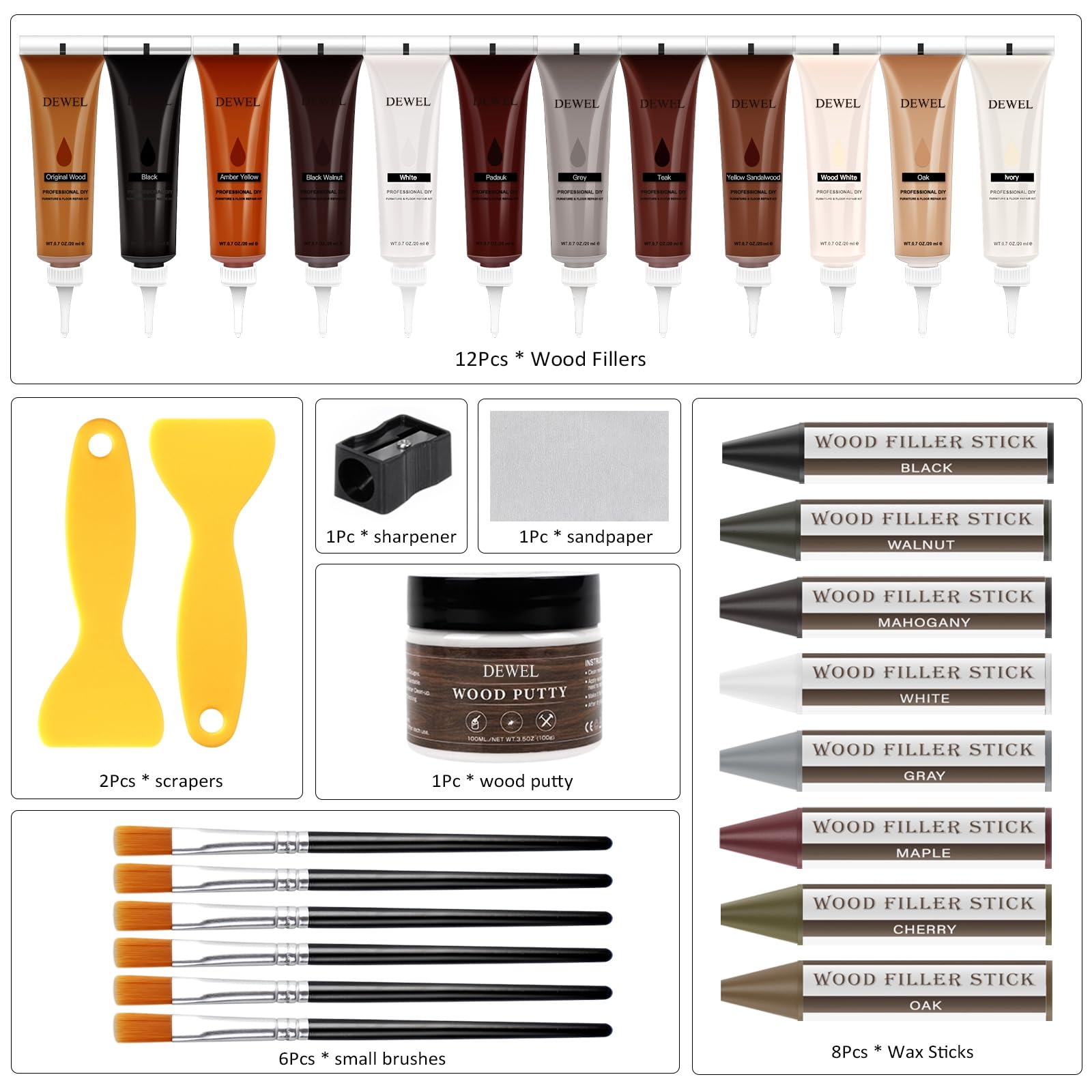 DEWEL 木製品キズ補修セット 補修棒・補修クリーム・ウッドパテ入り 多用途キット（床・家具・ドア用）